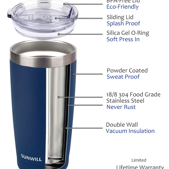 SUNWILL 20oz Tumbler with Lid (Navy Blue &Wine Red pack), Stainless Steel (2PK) - Picture 4 of 5